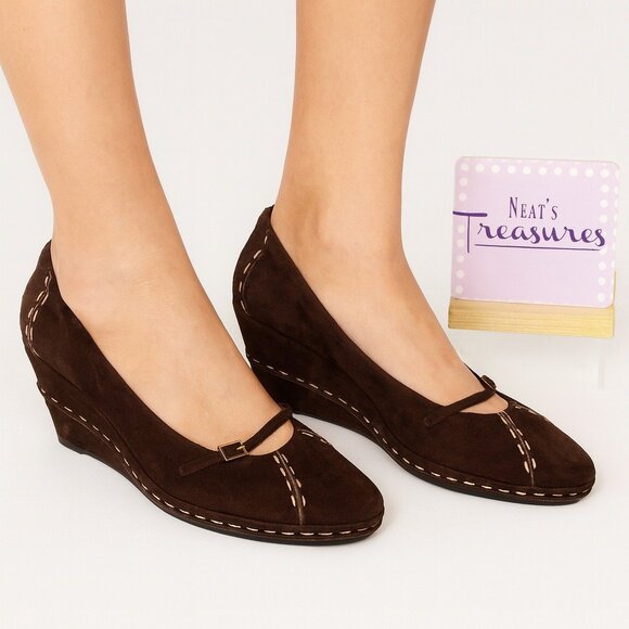 Cole Haan Chocolate Brown Suede Mary Jane Wedge Covered Heel Shoes Size 8.5 B - Picture 1 of 15